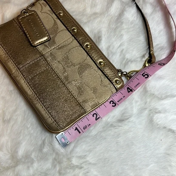 Coach Signature Stripe Studded Gold Metallic Lurex & Leather Wristlet - Picture 9 of 9